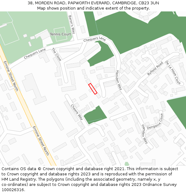 38, MORDEN ROAD, PAPWORTH EVERARD, CAMBRIDGE, CB23 3UN: Location map and indicative extent of plot
