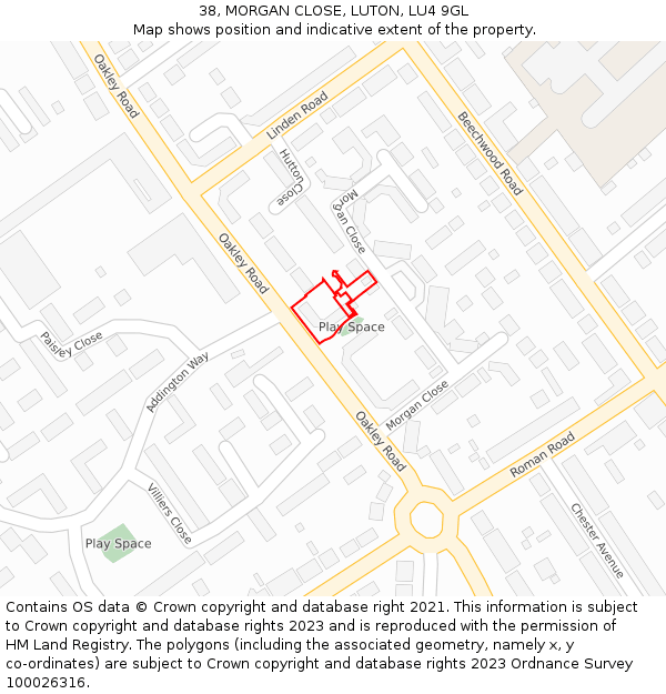 38, MORGAN CLOSE, LUTON, LU4 9GL: Location map and indicative extent of plot