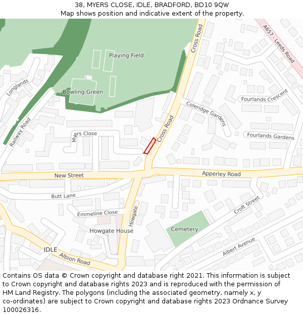 38, MYERS CLOSE, IDLE, BRADFORD, BD10 9QW: Location map and indicative extent of plot