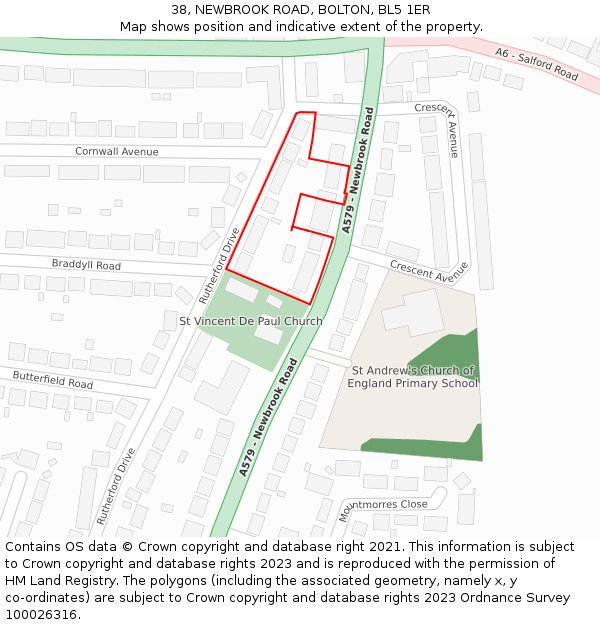 38, NEWBROOK ROAD, BOLTON, BL5 1ER: Location map and indicative extent of plot