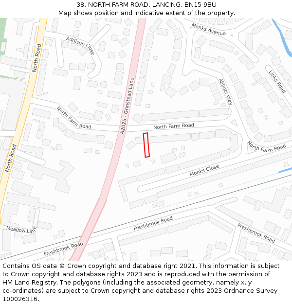 38, NORTH FARM ROAD, LANCING, BN15 9BU: Location map and indicative extent of plot