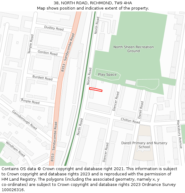 38, NORTH ROAD, RICHMOND, TW9 4HA: Location map and indicative extent of plot