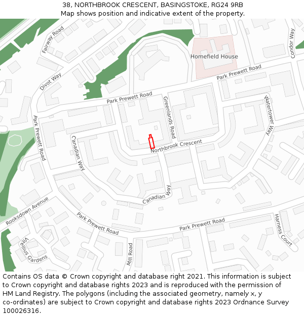 38, NORTHBROOK CRESCENT, BASINGSTOKE, RG24 9RB: Location map and indicative extent of plot