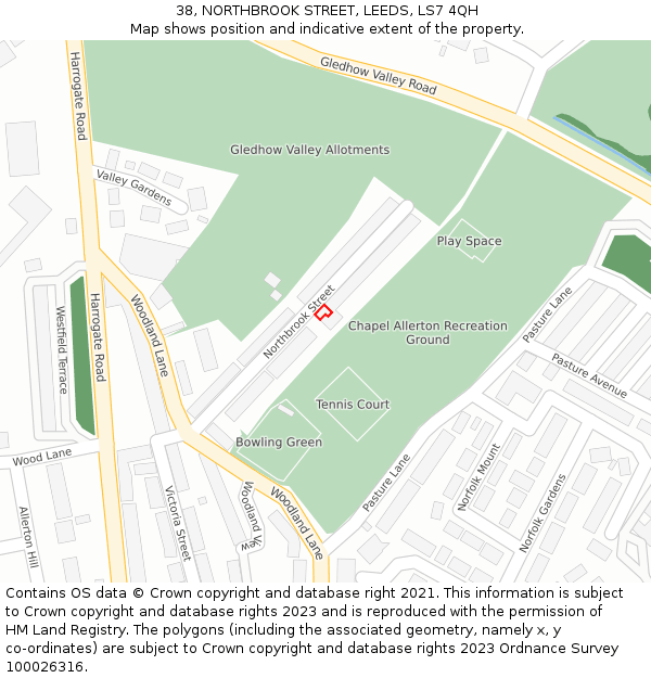 38, NORTHBROOK STREET, LEEDS, LS7 4QH: Location map and indicative extent of plot