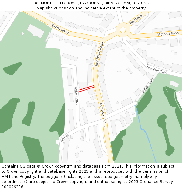 38, NORTHFIELD ROAD, HARBORNE, BIRMINGHAM, B17 0SU: Location map and indicative extent of plot