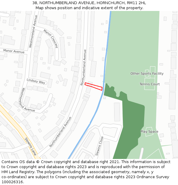 38, NORTHUMBERLAND AVENUE, HORNCHURCH, RM11 2HL: Location map and indicative extent of plot