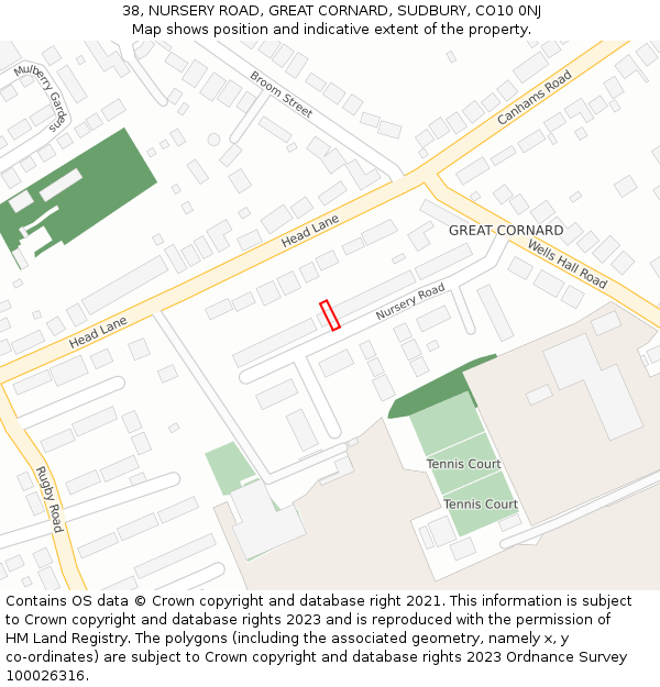 38, NURSERY ROAD, GREAT CORNARD, SUDBURY, CO10 0NJ: Location map and indicative extent of plot