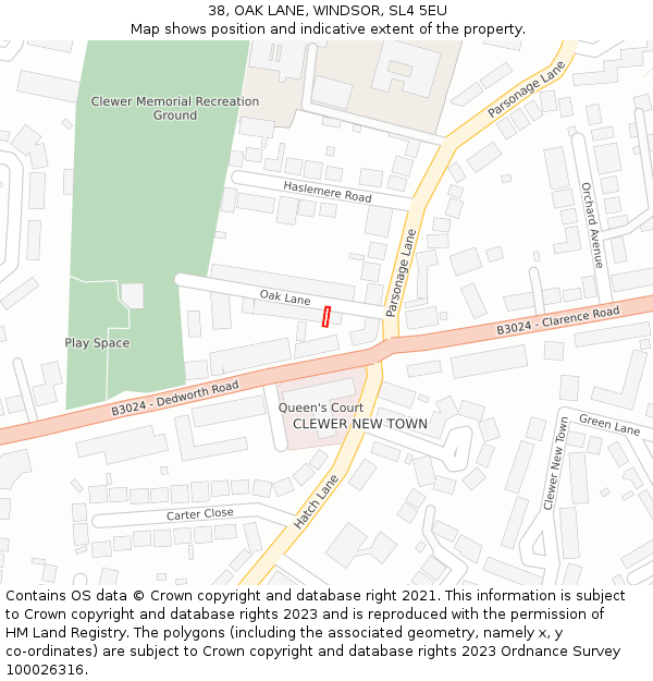 38, OAK LANE, WINDSOR, SL4 5EU: Location map and indicative extent of plot