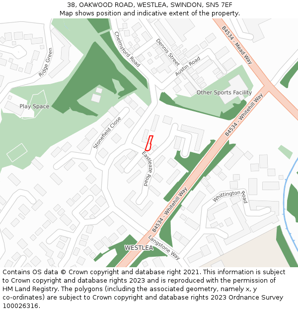 38, OAKWOOD ROAD, WESTLEA, SWINDON, SN5 7EF: Location map and indicative extent of plot