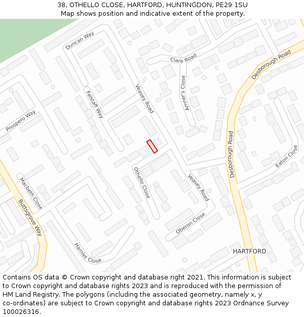 38, OTHELLO CLOSE, HARTFORD, HUNTINGDON, PE29 1SU: Location map and indicative extent of plot