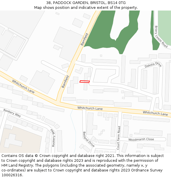 38, PADDOCK GARDEN, BRISTOL, BS14 0TG: Location map and indicative extent of plot