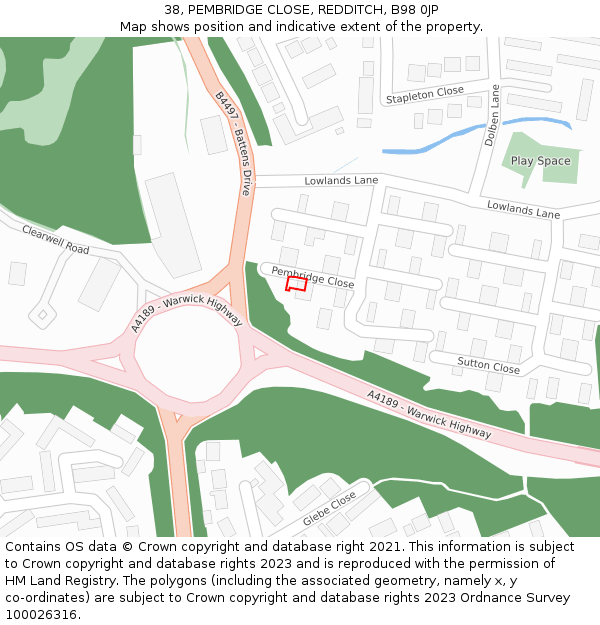 38, PEMBRIDGE CLOSE, REDDITCH, B98 0JP: Location map and indicative extent of plot