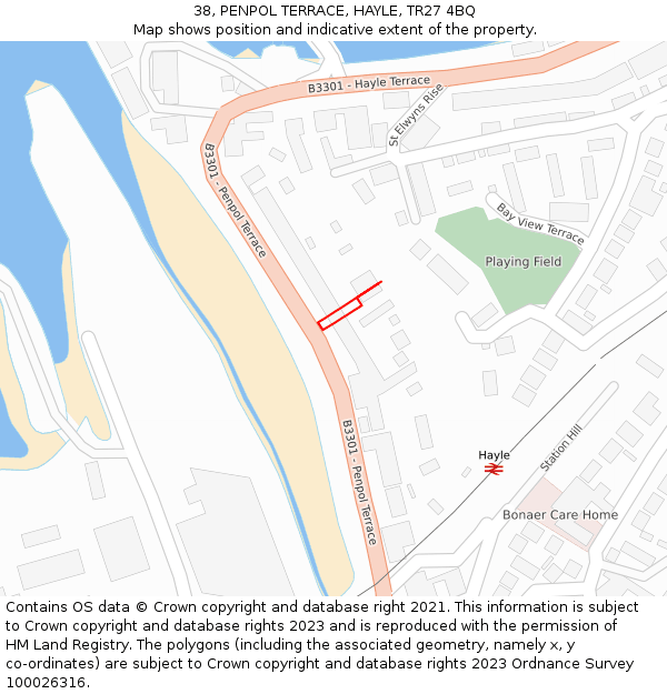 38, PENPOL TERRACE, HAYLE, TR27 4BQ: Location map and indicative extent of plot