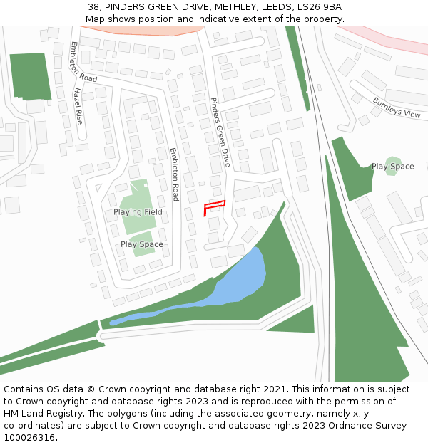 38, PINDERS GREEN DRIVE, METHLEY, LEEDS, LS26 9BA: Location map and indicative extent of plot