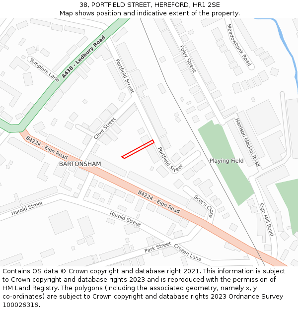 38, PORTFIELD STREET, HEREFORD, HR1 2SE: Location map and indicative extent of plot