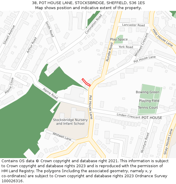 38, POT HOUSE LANE, STOCKSBRIDGE, SHEFFIELD, S36 1ES: Location map and indicative extent of plot
