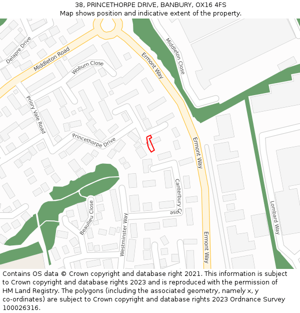 38, PRINCETHORPE DRIVE, BANBURY, OX16 4FS: Location map and indicative extent of plot