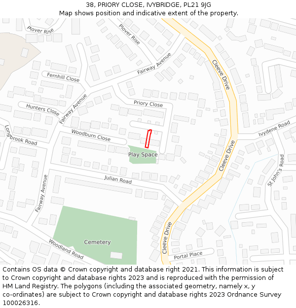 38, PRIORY CLOSE, IVYBRIDGE, PL21 9JG: Location map and indicative extent of plot