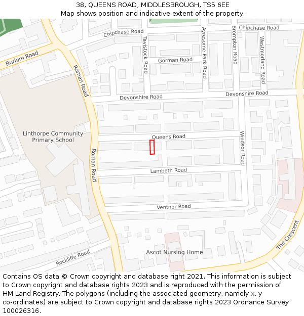 38, QUEENS ROAD, MIDDLESBROUGH, TS5 6EE: Location map and indicative extent of plot