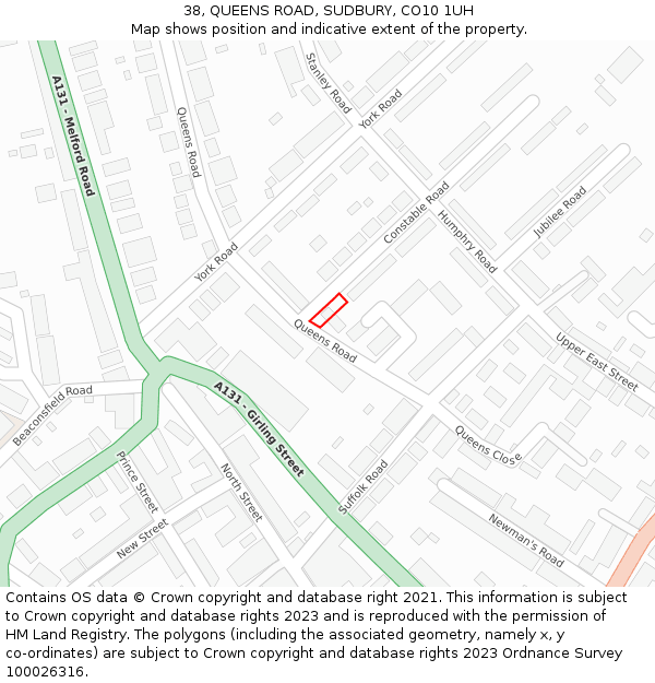 38, QUEENS ROAD, SUDBURY, CO10 1UH: Location map and indicative extent of plot