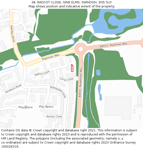 38, RADCOT CLOSE, NINE ELMS, SWINDON, SN5 5UY: Location map and indicative extent of plot