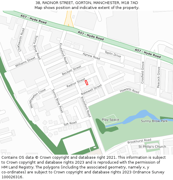 38, RADNOR STREET, GORTON, MANCHESTER, M18 7AD: Location map and indicative extent of plot