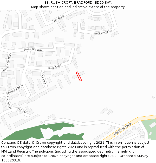 38, RUSH CROFT, BRADFORD, BD10 8WN: Location map and indicative extent of plot