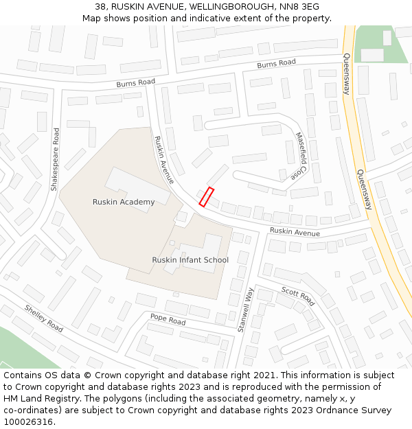 38, RUSKIN AVENUE, WELLINGBOROUGH, NN8 3EG: Location map and indicative extent of plot
