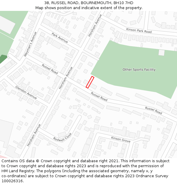 38, RUSSEL ROAD, BOURNEMOUTH, BH10 7HD: Location map and indicative extent of plot