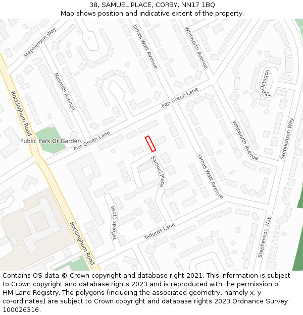 38, SAMUEL PLACE, CORBY, NN17 1BQ: Location map and indicative extent of plot
