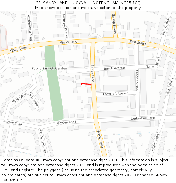 38, SANDY LANE, HUCKNALL, NOTTINGHAM, NG15 7GQ: Location map and indicative extent of plot