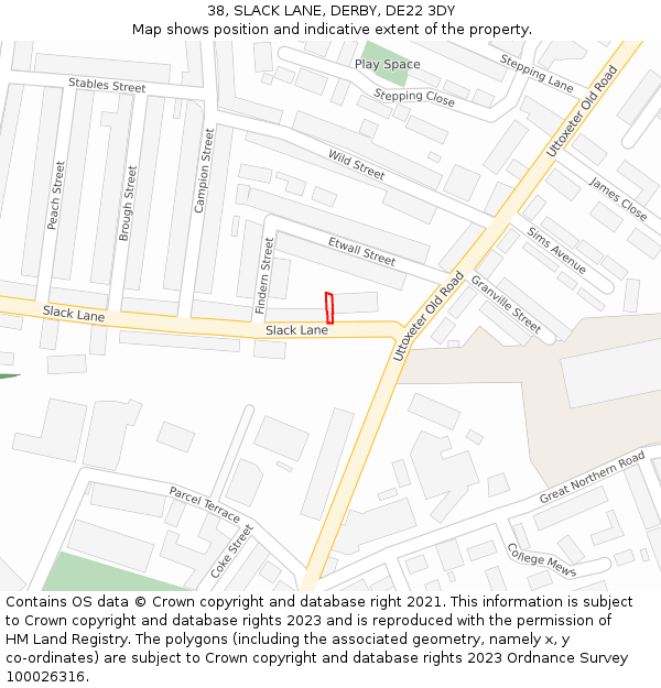 38, SLACK LANE, DERBY, DE22 3DY: Location map and indicative extent of plot