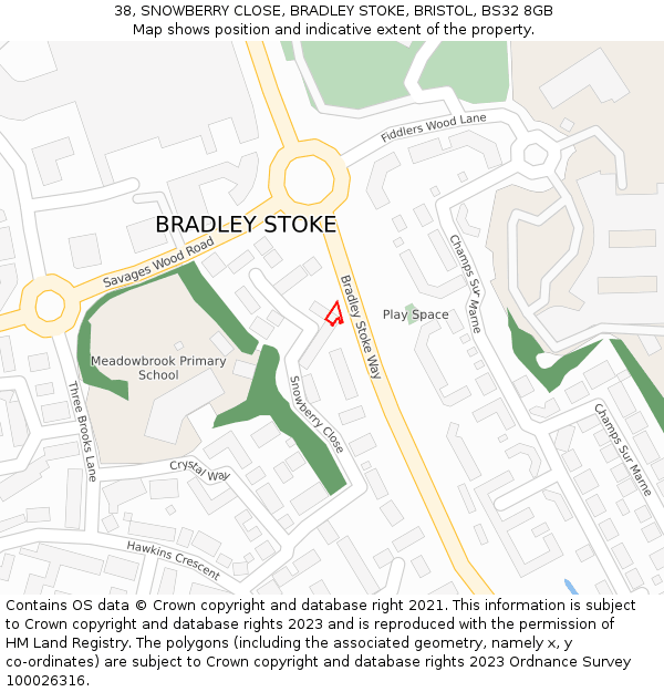 38, SNOWBERRY CLOSE, BRADLEY STOKE, BRISTOL, BS32 8GB: Location map and indicative extent of plot
