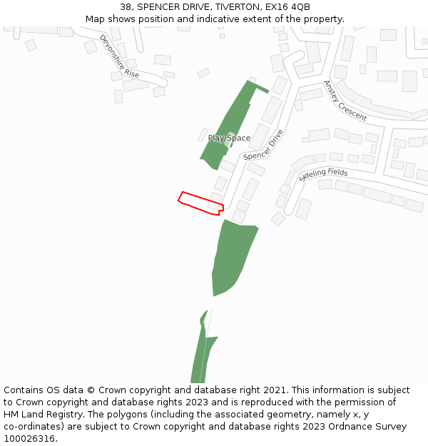 38, SPENCER DRIVE, TIVERTON, EX16 4QB: Location map and indicative extent of plot