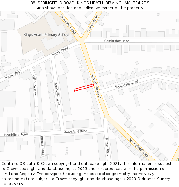 38, SPRINGFIELD ROAD, KINGS HEATH, BIRMINGHAM, B14 7DS: Location map and indicative extent of plot
