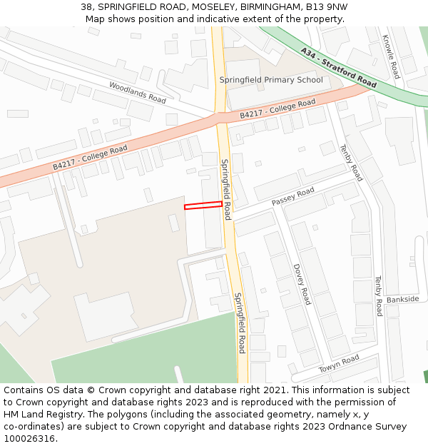 38, SPRINGFIELD ROAD, MOSELEY, BIRMINGHAM, B13 9NW: Location map and indicative extent of plot