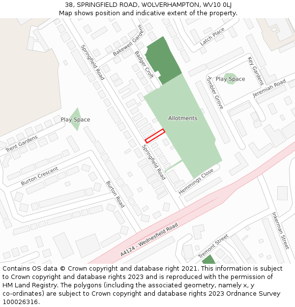 38, SPRINGFIELD ROAD, WOLVERHAMPTON, WV10 0LJ: Location map and indicative extent of plot