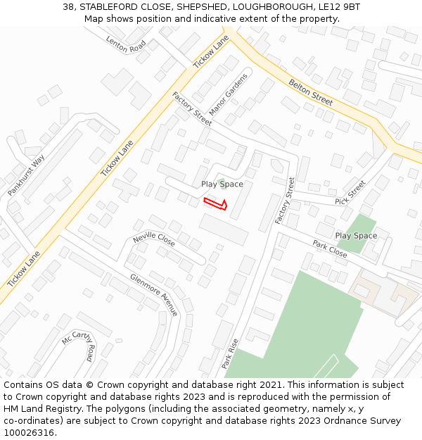 38, STABLEFORD CLOSE, SHEPSHED, LOUGHBOROUGH, LE12 9BT: Location map and indicative extent of plot