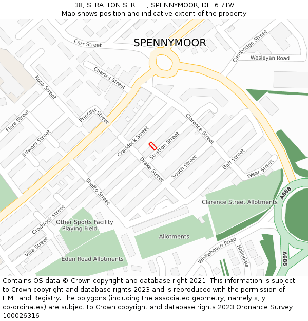 38, STRATTON STREET, SPENNYMOOR, DL16 7TW: Location map and indicative extent of plot
