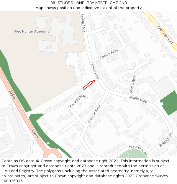38, STUBBS LANE, BRAINTREE, CM7 3NR: Location map and indicative extent of plot