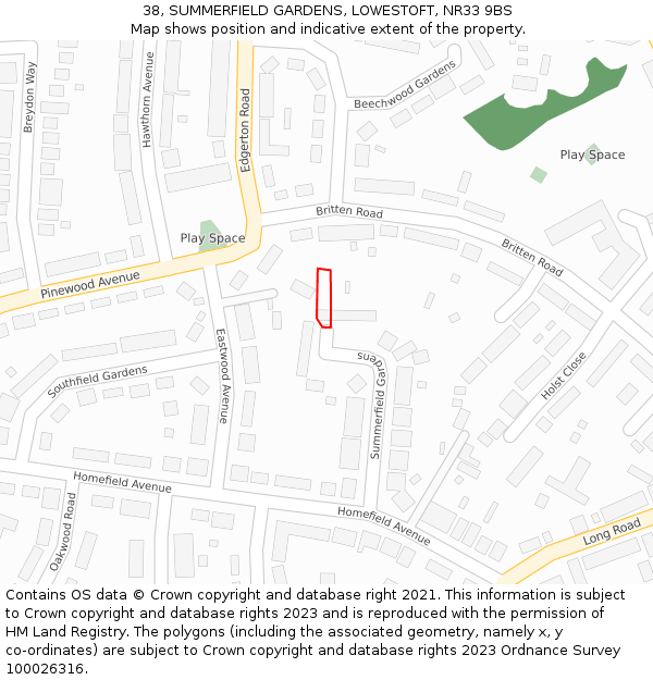 38, SUMMERFIELD GARDENS, LOWESTOFT, NR33 9BS: Location map and indicative extent of plot