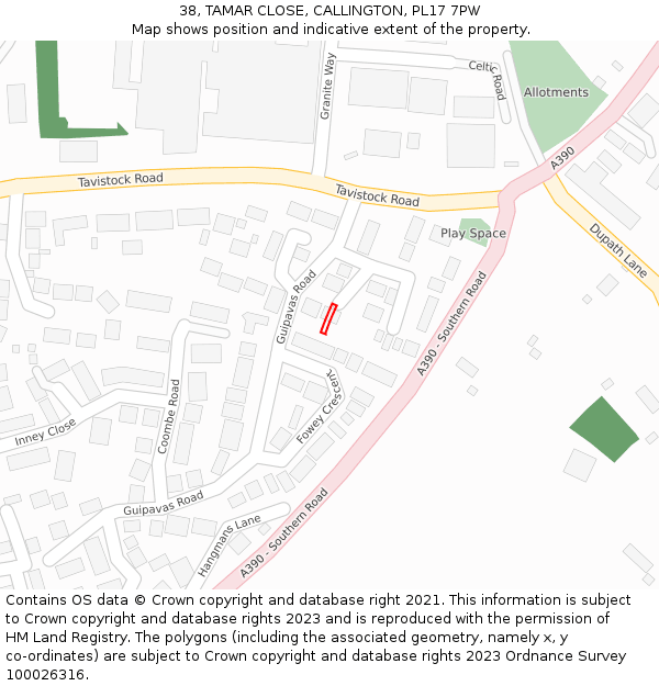 38, TAMAR CLOSE, CALLINGTON, PL17 7PW: Location map and indicative extent of plot