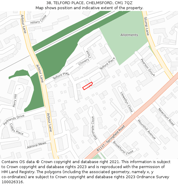38, TELFORD PLACE, CHELMSFORD, CM1 7QZ: Location map and indicative extent of plot