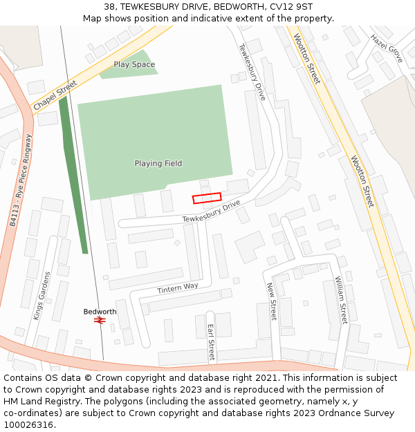 38, TEWKESBURY DRIVE, BEDWORTH, CV12 9ST: Location map and indicative extent of plot
