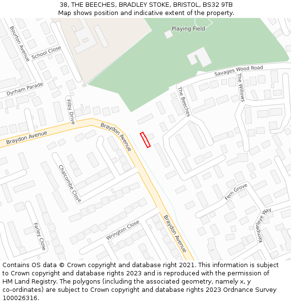 38, THE BEECHES, BRADLEY STOKE, BRISTOL, BS32 9TB: Location map and indicative extent of plot