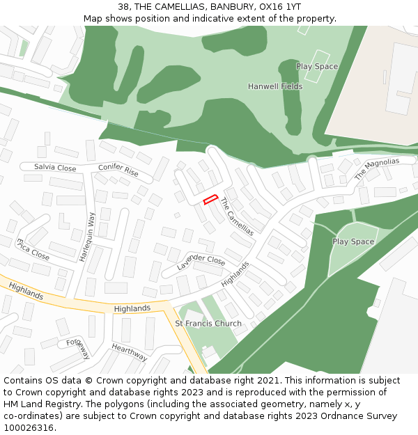 38, THE CAMELLIAS, BANBURY, OX16 1YT: Location map and indicative extent of plot