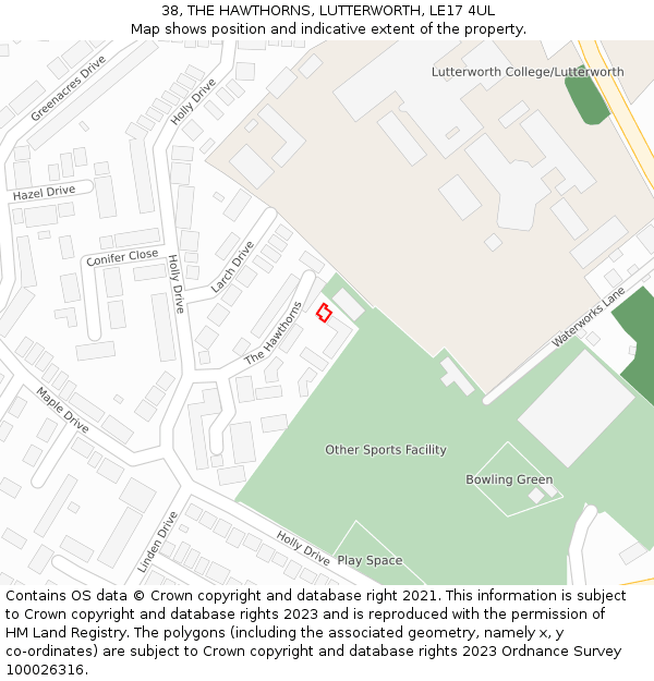 38, THE HAWTHORNS, LUTTERWORTH, LE17 4UL: Location map and indicative extent of plot