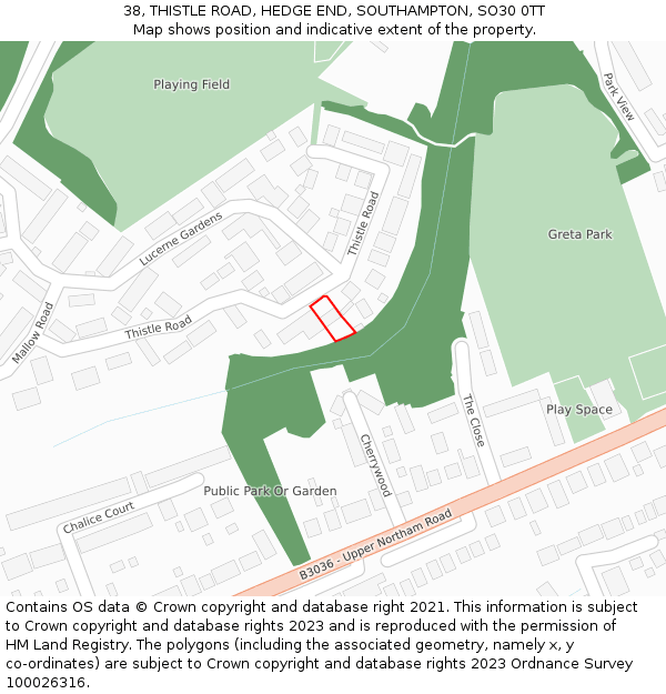 38, THISTLE ROAD, HEDGE END, SOUTHAMPTON, SO30 0TT: Location map and indicative extent of plot