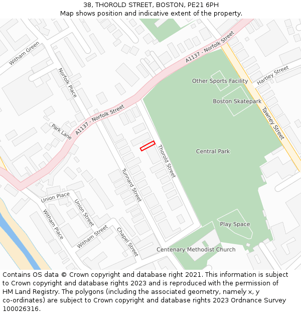 38, THOROLD STREET, BOSTON, PE21 6PH: Location map and indicative extent of plot