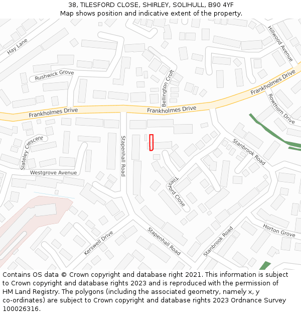 38, TILESFORD CLOSE, SHIRLEY, SOLIHULL, B90 4YF: Location map and indicative extent of plot
